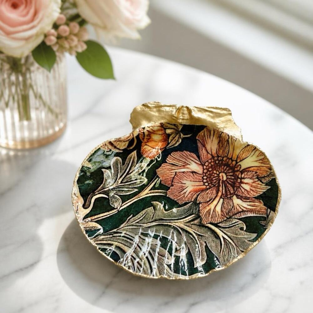 Vintage Botanical Shell Trinket Dish | Cottagecore Decor